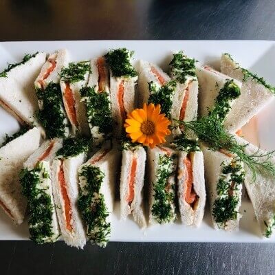 Cocktail triangle sandwiches with cold smoked salmon & dill
