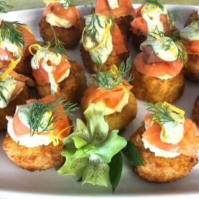 Panko crumbed potato cakes with smoked salmon and dill cream