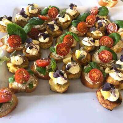 Cherry tomato basil and babaganoush bruschetta